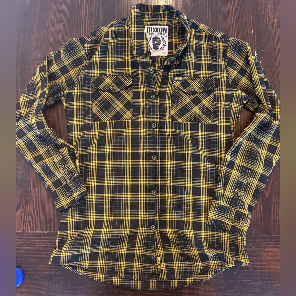 DIXXON Black & Yellow Plaid Flannel Shirt with Graphic Label